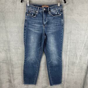 Judy Blue Jeans Womens 3/26 Blue Slim Fit Medium Wash Distressed Raw Hem Whisker